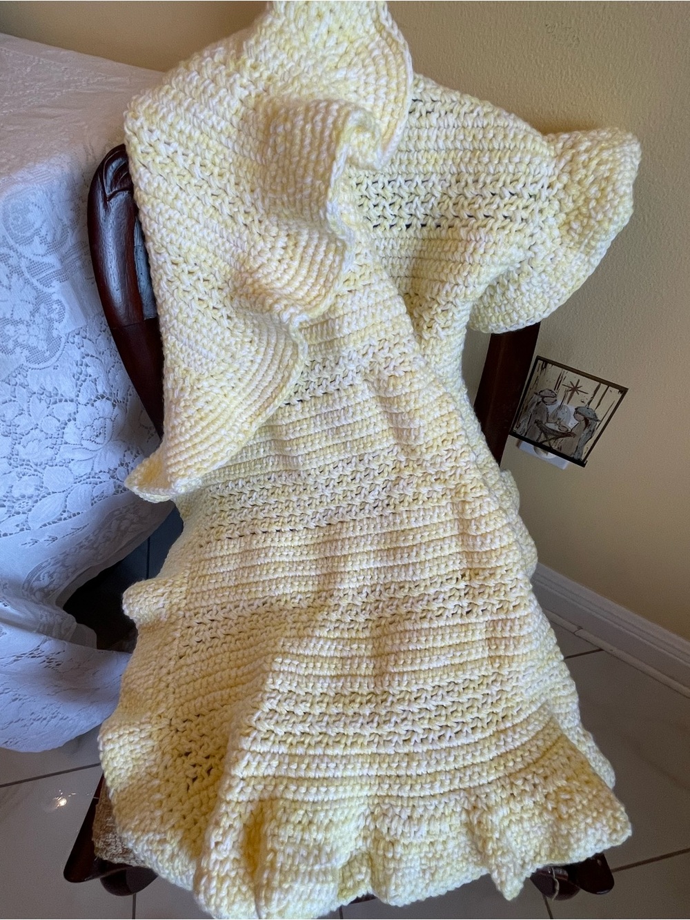 Hand Crocheted Baby Blanket Yellow White Ruffle Edge